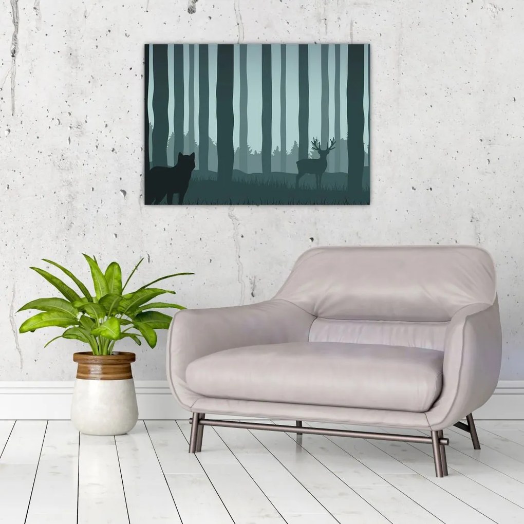 Kép - Szarvas farkassal a sziklák között (üvegen) (70x50 cm)