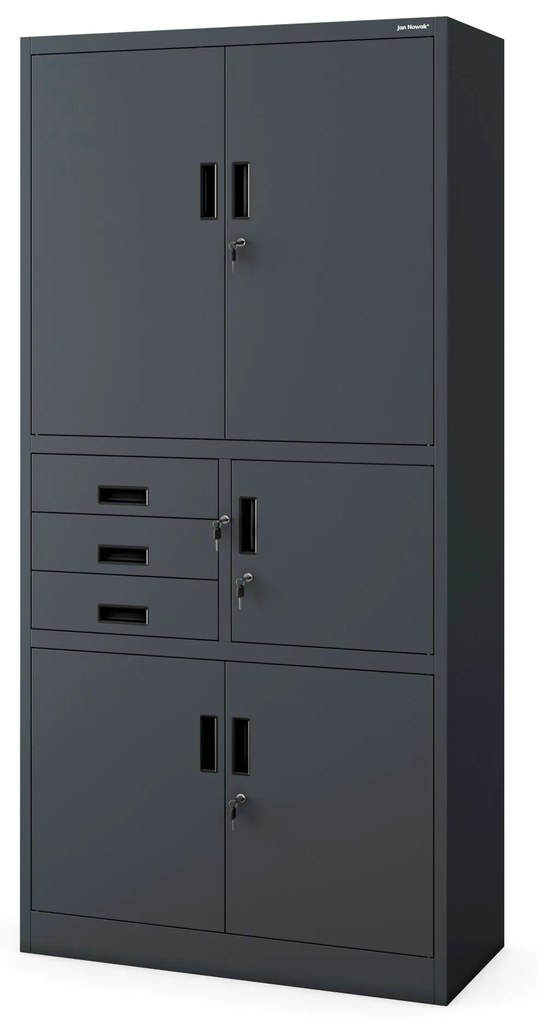 Fém iratszekrény széffel és fiókokkal FILIP II, 900 x 1850 x 400 mm, szürke