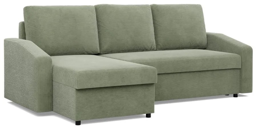 Zeus sarokkanapé, 2 ágyneműtartóval, döntött kartámasz, kordbársony, univerzális oldal, hab töltet, zöld