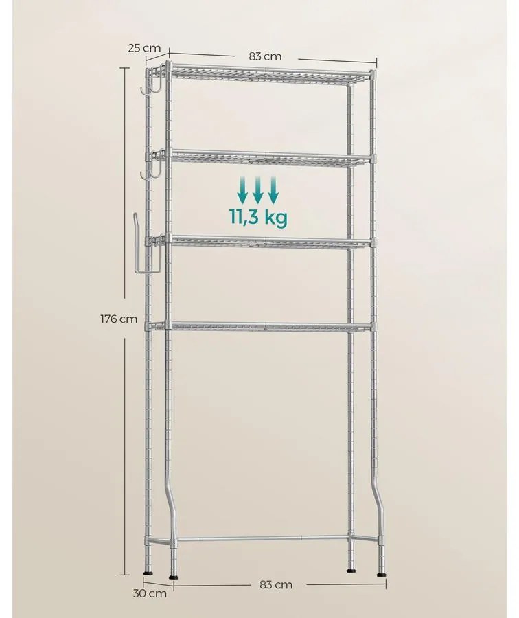 4 szintes tároló a WC felett, fém tároló állvány, állítható polcok, 4 kampó, ezüstszürke
