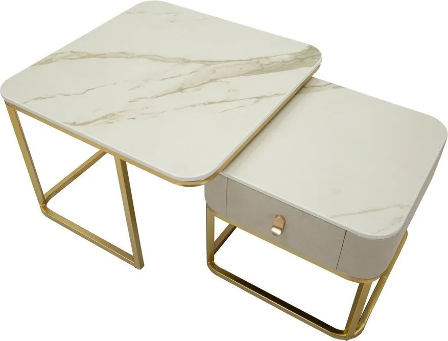 Krémszínű-aranyszínű dohányzóasztal szett márvány dekorral, 2 db-os 50x70 cm Beauty – Mauro Ferretti