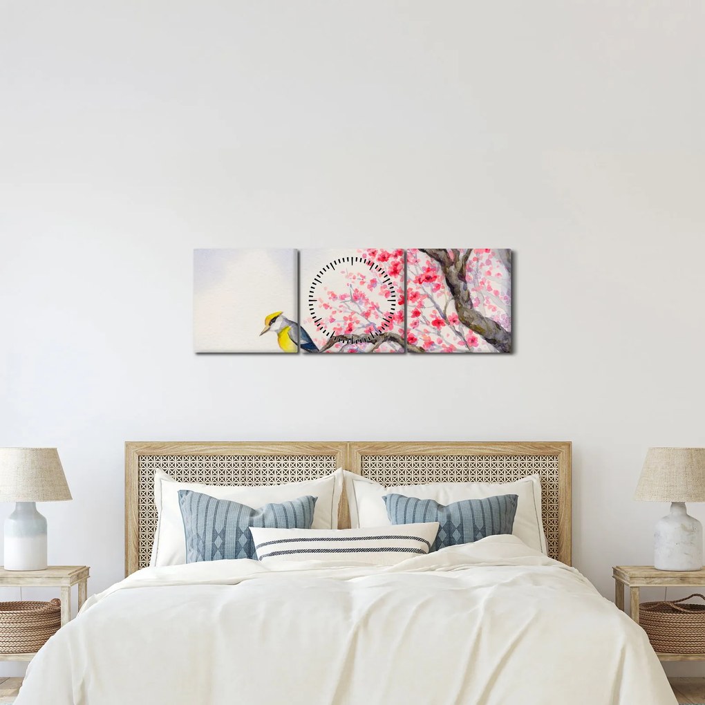 Kép - Madár egy fán, piros virágokkal (órával) (90x30 cm)