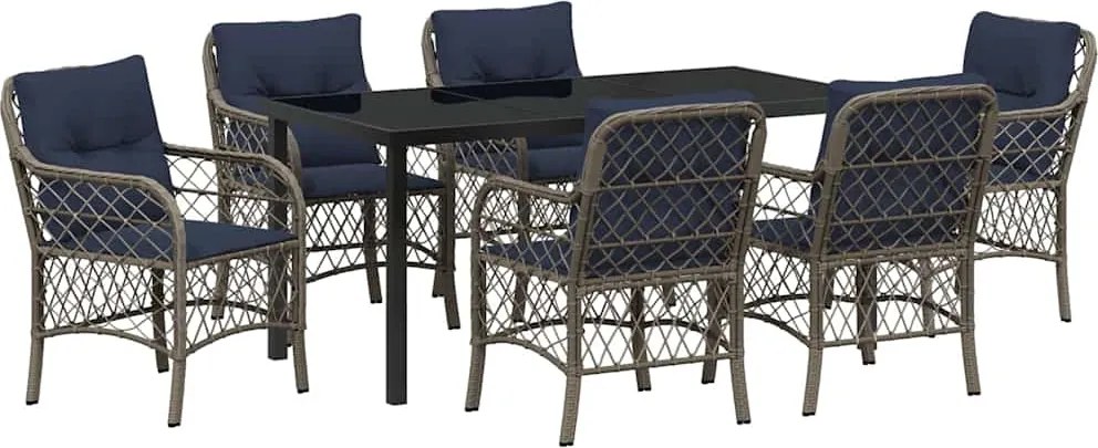 vidaXL Kert étkező szett párnával 7 pcs Szürke és fekete Rattan