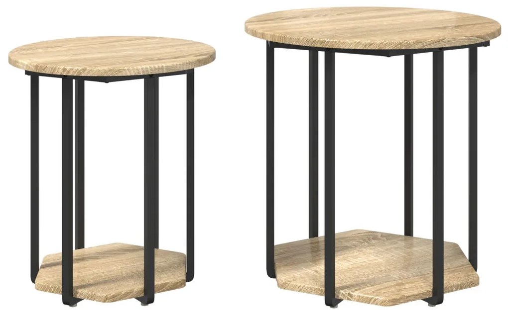 2 db-os oldalsó asztal Sonoma tölgyből, mérnöki fából és fémből