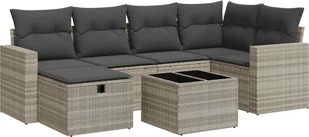 vidaXL 7 részes világosszürke polyrattan kerti ülőgarnitúra párnákkal