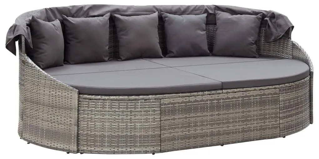 Szürke polyrattan kültéri napozóágy napellenzővel