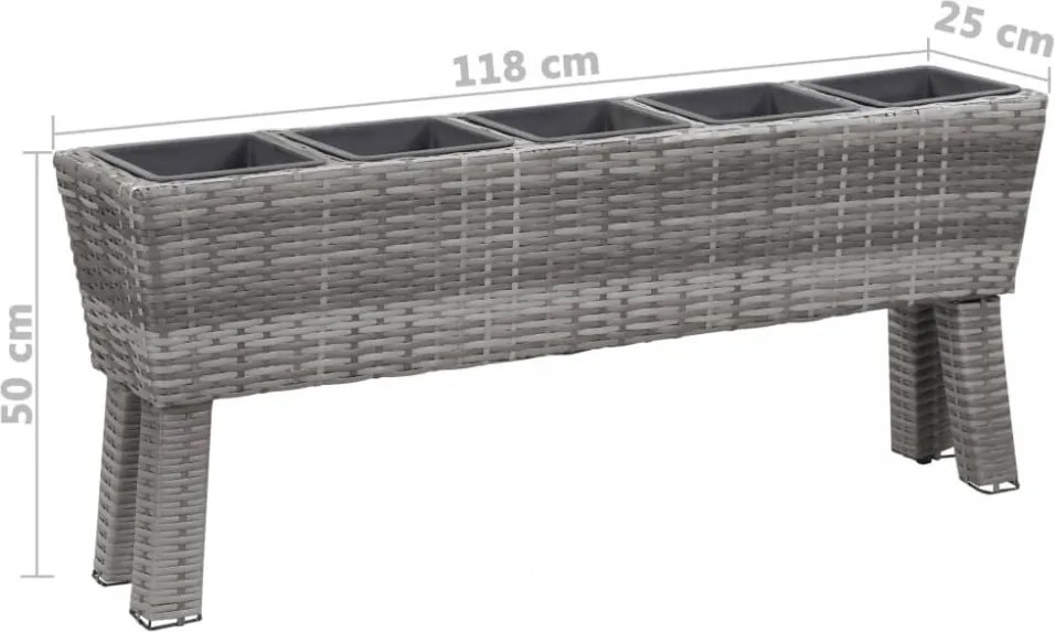 Szürke polyrattan kerti virágtartó 5 kaspóval 118 x 25 x 50 cm