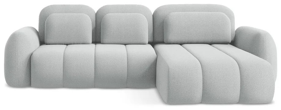 Világosszürke buklé kinyitható-tárolóhelyes sarokkanapé (jobb oldali-heverő résszel) Pele – Makamii