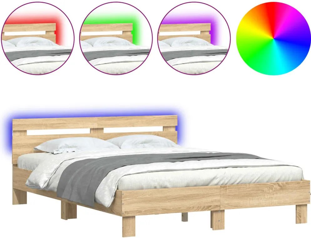 vidaXL sonoma tölgy színű ágykeret fejtámlával és LED-del 140x200 cm