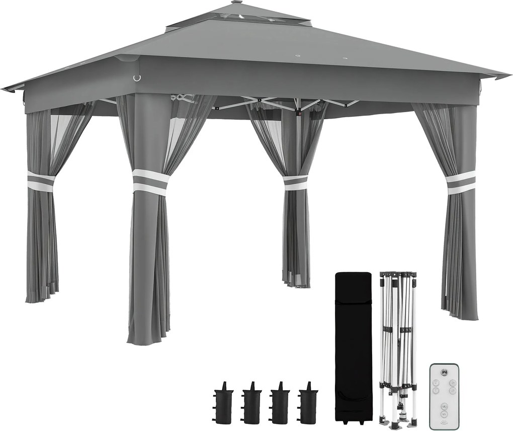 Outsunny Összecsukható Pavilon kb. 3 x 3 m, LED világítással, 4 Rácsos Függönnyel, Oldalfallal, Kerti Pavilon Vízsúlyzóval, Két Rétegű Tetővel, Hordtá