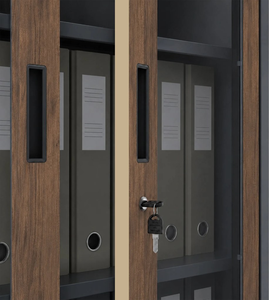 Fém szekrény vitrinnel antracit / dió: Eco Design AMELIA, 900 x 1850 x 400 mm