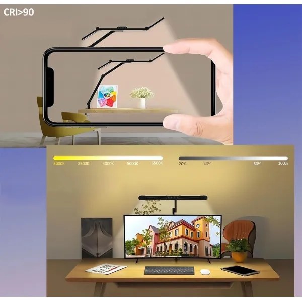 LED érintős asztali lámpa, állítható fényerő, 24W, 3000-6500K, CRI 92, fekete