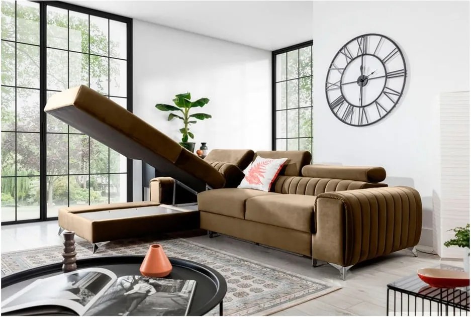 Világosbarna bársony kinyitható-tárolóhelyes sarokkanapé (bal oldali-heverő résszel) Grayson – ELTAP