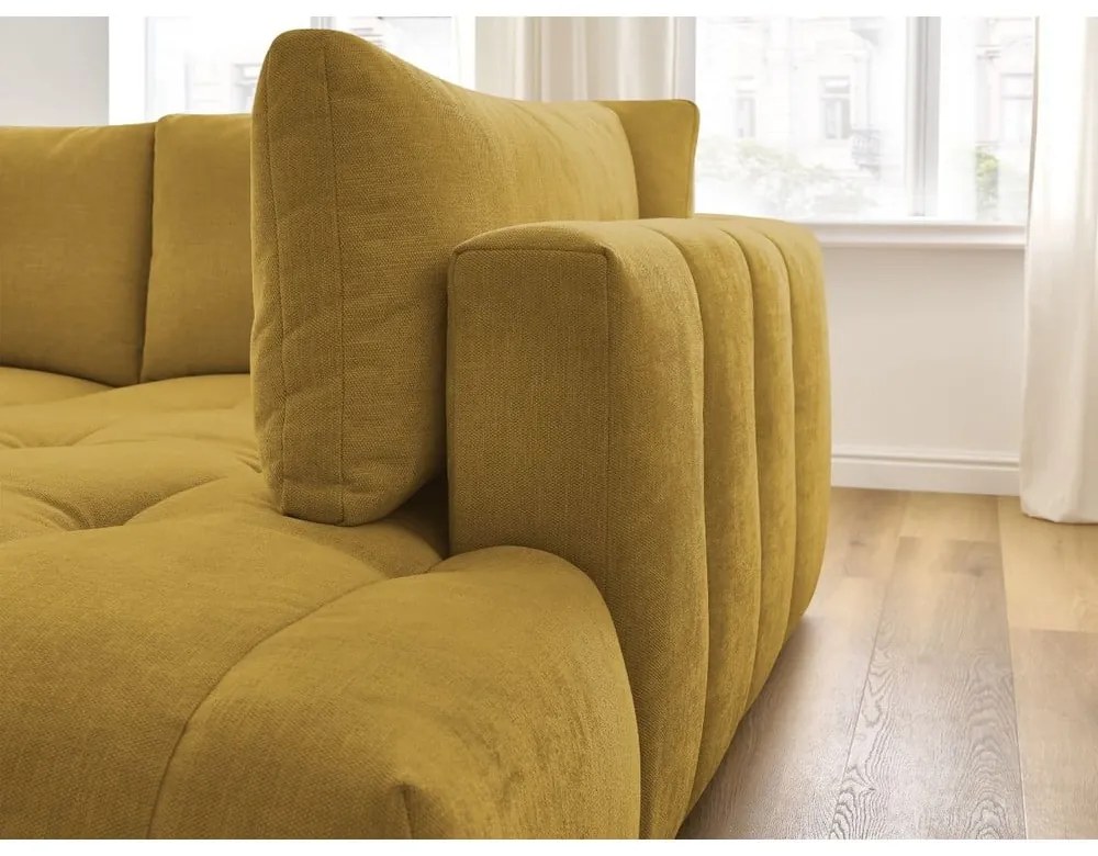 Mustársárga kinyitható-tárolóhelyes sarokkanapé (jobb oldali-L alakú) Fuji – Bobochic Paris