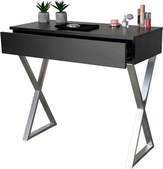 Fésülködőasztal Fekete Matt Fiókos Ezüst X Lábak 90CM