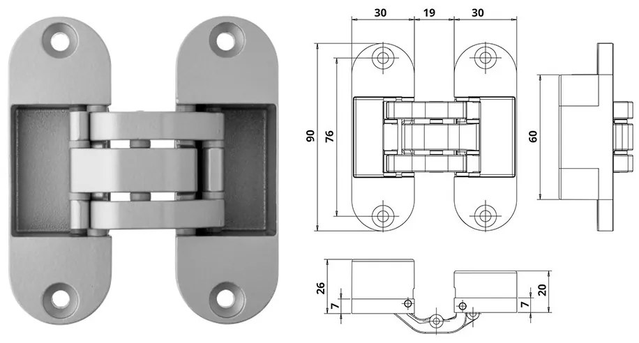 Otlav pánt rejtett IN301 2D 30x 90mm(F1)matt
