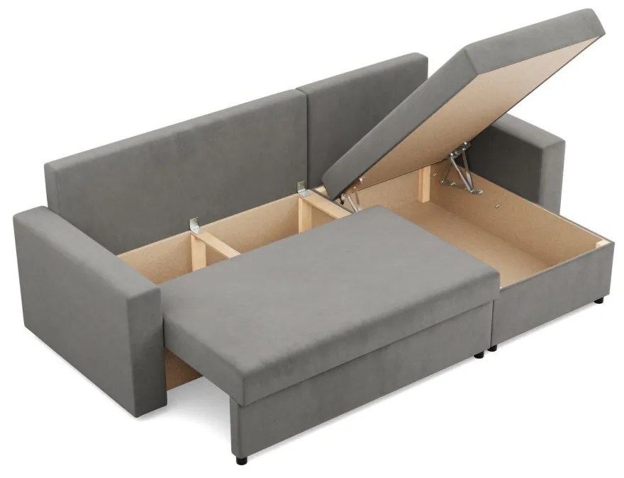 Zeus sarokkanapé, 2 ágyneműtartóval, egyenes kartámasz, bársony, univerzális oldal, bonell töltet, világosszürke