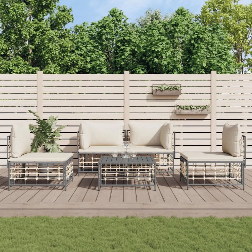 5 részes antracitszürke polyrattan kerti ülőgarnitúra párnákkal