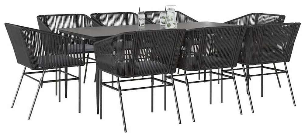 9 részes fekete polyrattan üveg kerti étkezőgarnitúra párnákkal