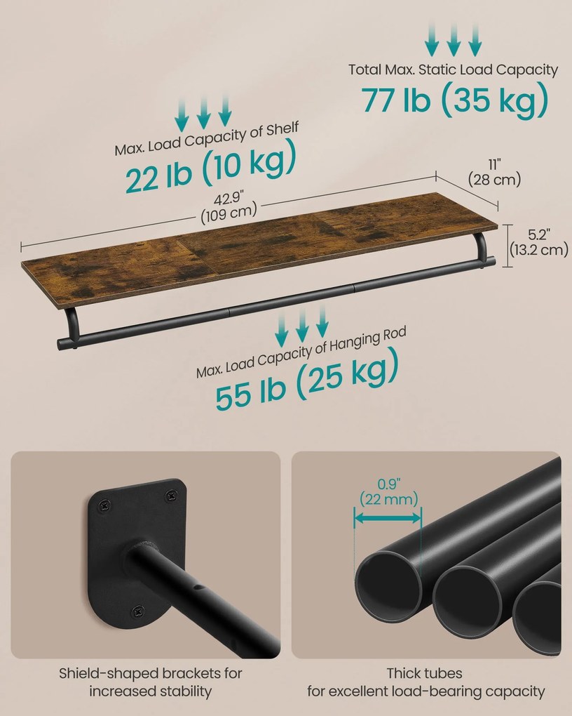 Fali Ruhatartó Állvány, Fali Polc Akasztórúddal, 28 x 109 x 13,2 cm, Rusztikus Barna és Fekete