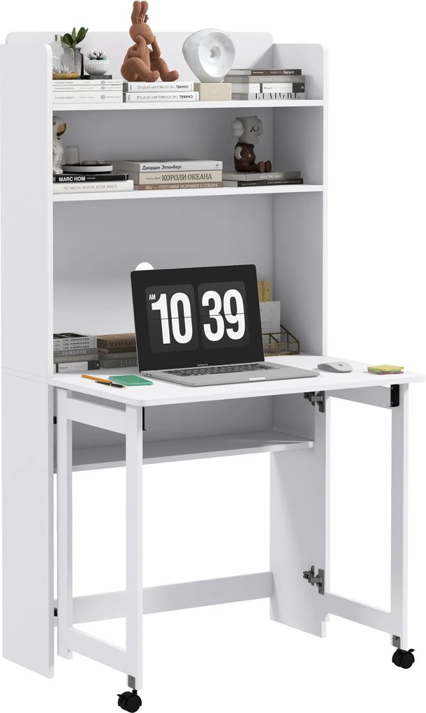HOMCOM Számítógép Íróasztal Tároló Polcokkal, Összecsukható Munkaállomás Lehajtható Lappal és 2 Kerekével, 80 x 69 x 153 cm, Fehér | Aosom