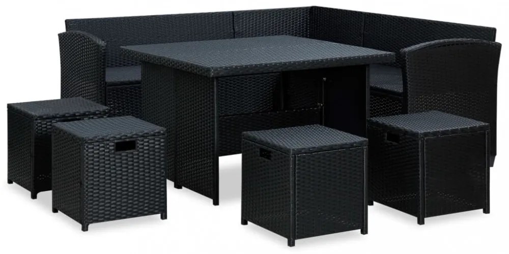 vidaXL 6 részes fekete polyrattan kerti bútorszett párnákkal