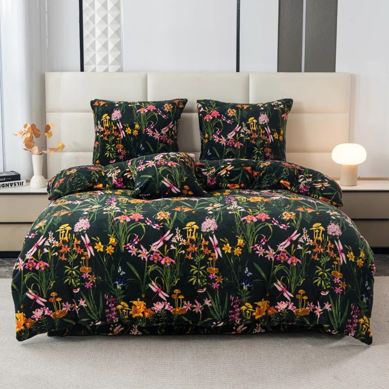 Mikroplüss ágyneműhuzat szett MYSTIC GARDEN sötétzöld + Mikroplüss lepedő SOFT 90x200 cm fehér, egyszemélyes ágyhoz