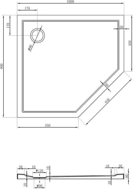 Mexen Flow ötszögletű slim bal oldali zuhanytálca 100 x 90 cm, fehér fényes - 46P109010L