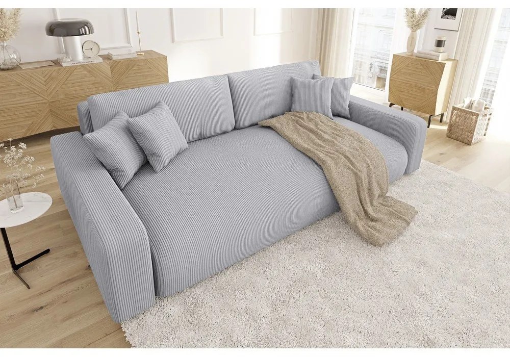 Világosszürke kordbársony kinyitható tárolóhelyes kanapé 234 cm Sara – Ropez