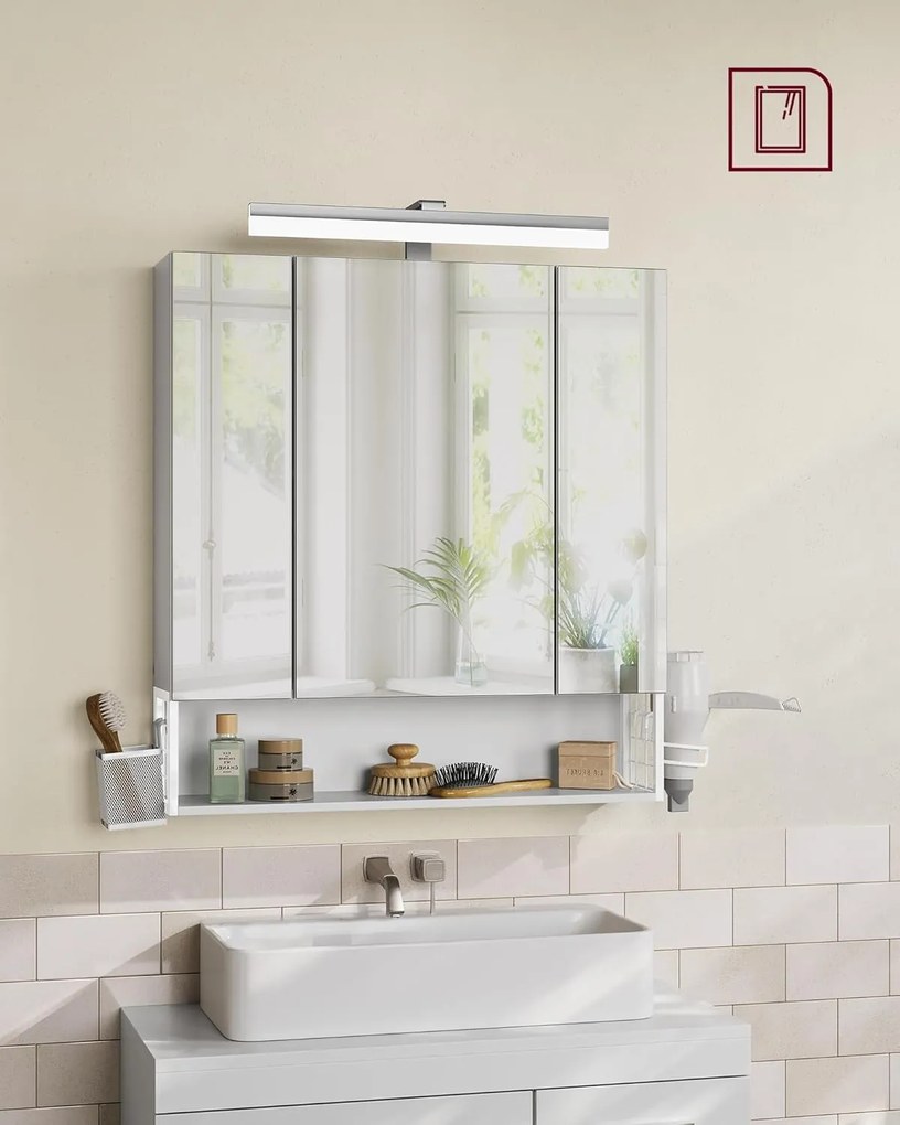 Fürdőszobaszekrény led világítással, konnektorokkal, 16,5 × 70 × 75 cm, felhőfehér színben