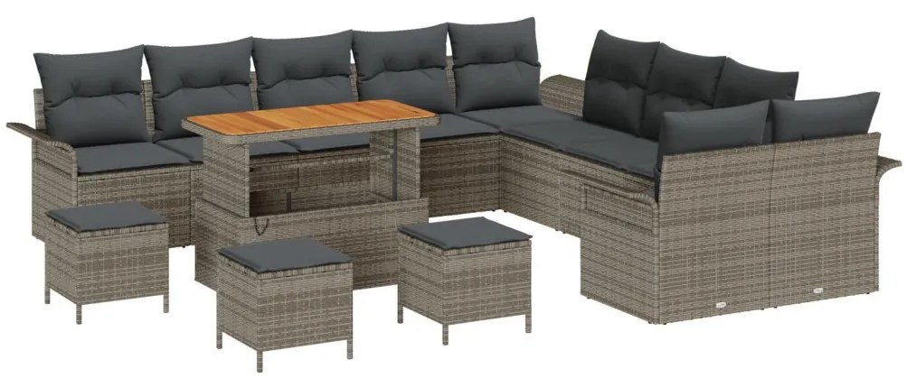 13 darabos kertiszófa szett párnákkal Szürke Poli Rattan Akác, 2-személyes kertiszófa tárolóval és párnákkal Szürke Poli Rattan, 3 darabos kertibútor szett párnákkal Szürke Poli Rattan Akác