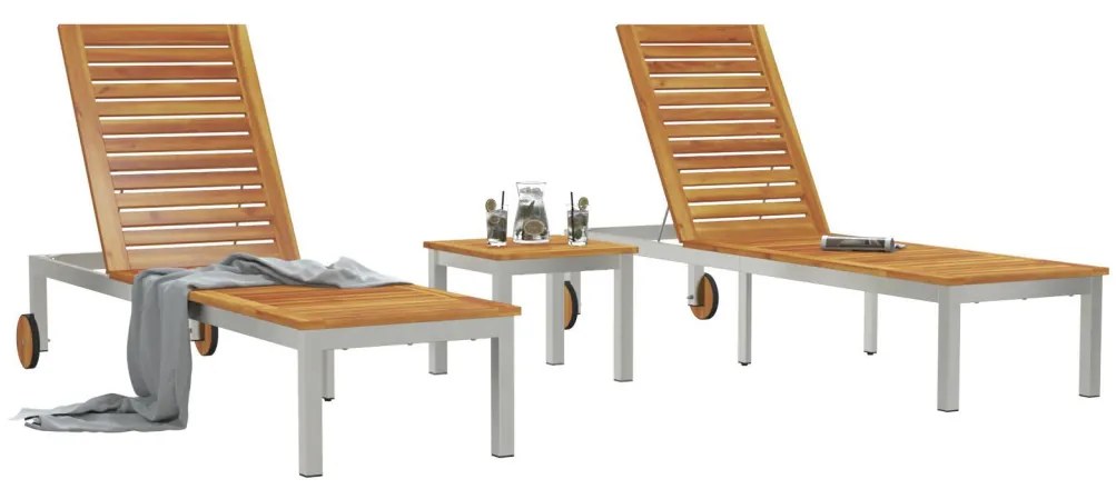 Napozóágy 2 db Asztallal Tömör Akácfából, Napozóágy Kerekekkel 207x58x35 cm Tömör Akácfa & Rozsdaálló Acél