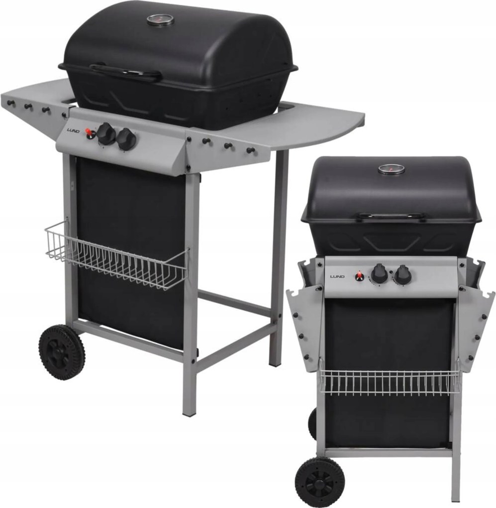 Kerti Gázgrill Nagy 2 Égőfejes Fedél Hőmérő Polcokkal 5,5KW