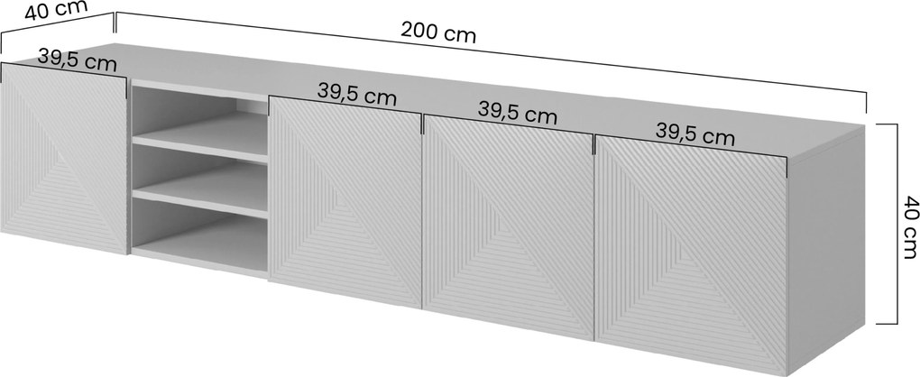 Asha fali RTV szekrény 200 cm - fekete matt, bordázott előlap / nyitott polc