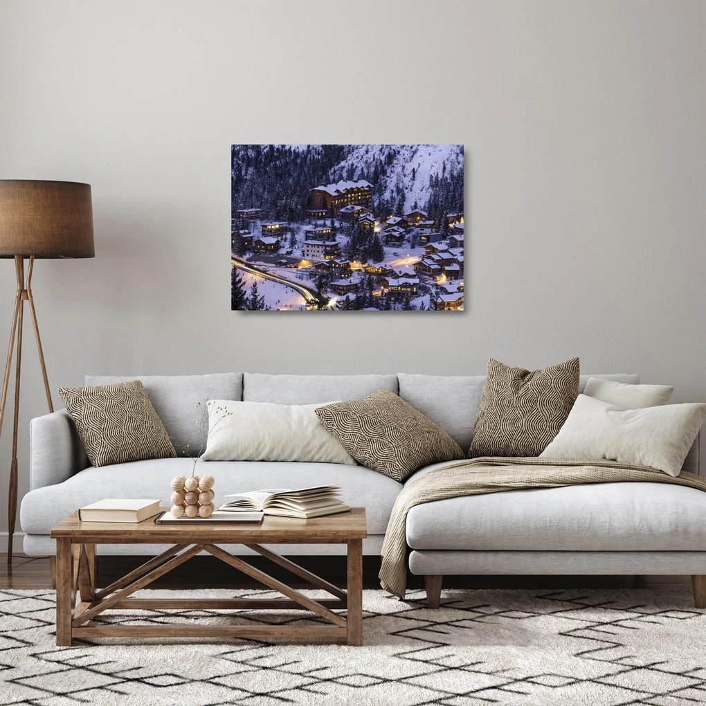 Kép - téli hegyi város (üvegen) (70x50 cm)