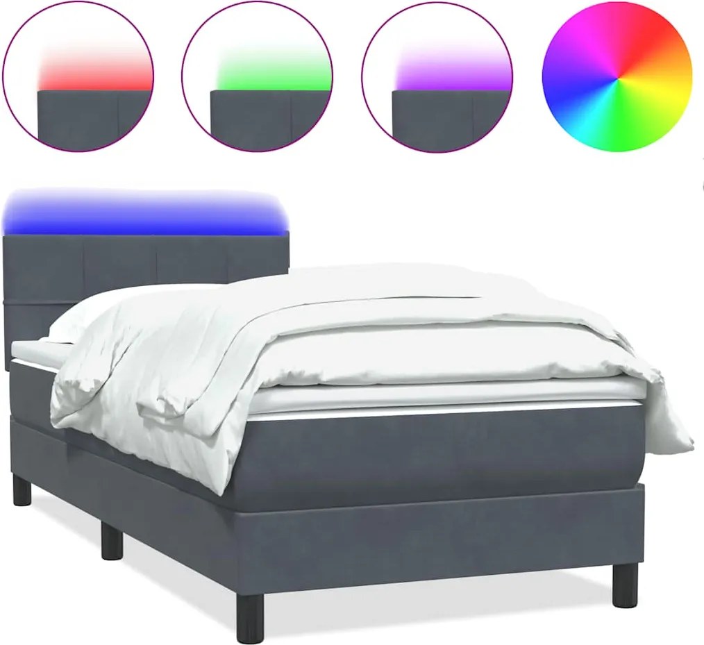 vidaXL sötétszürke bársony rugós és LED-es ágy matraccal 90x210 cm