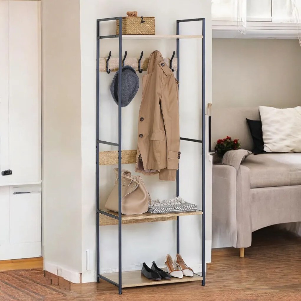 Intenso Home nyitott ruhafogas 3db polccal 60 x 175cm fém lábakkal modern tölgy színben | Előszobai ruhatároló cipőtartóval / nyitott gardrób