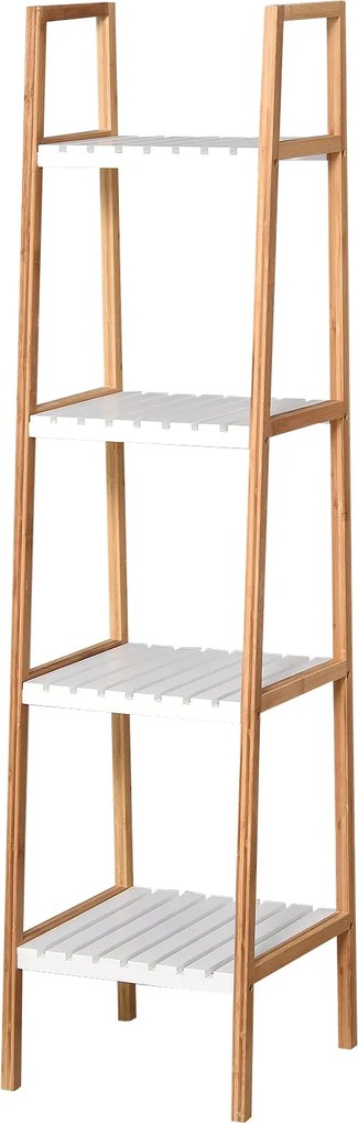 Kleankin 4-Szintes Bambusz Létra Polc Multifunkcionális Tároló Bútor Fürdőszobába, Nappaliba, Konyhába 35x36x138,5 cm Fehér és Természetes | Aosom