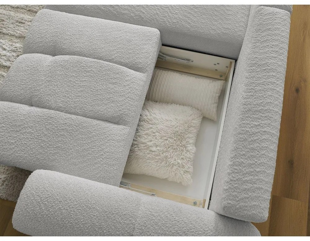 Világosszürke buklé kinyitható-tárolóhelyes sarokkanapé (bal oldali-heverő résszel) Roxelane – Bobochic Paris