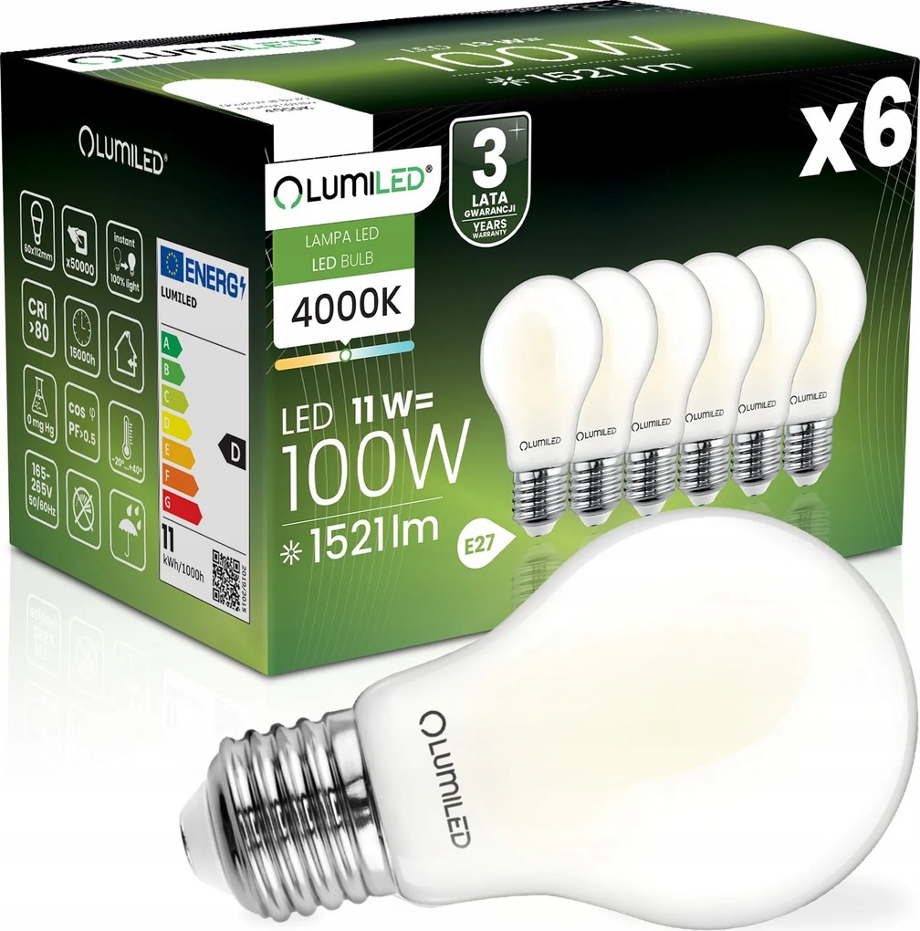 6x Led izzó E27 11W 100W 1521lm 4000K Semleges fehér Tejfilament