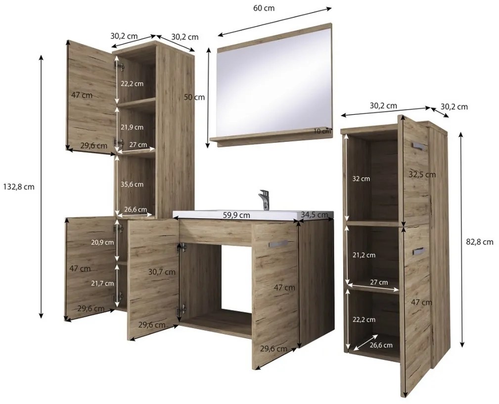 ALOMA fürdőszoba össszeállítás mosdóval, Lefkás tölgy