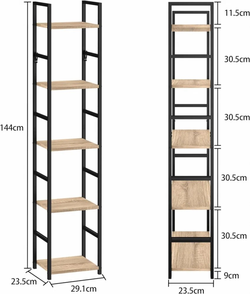 Intenso Home 5 szintes nyitott könyvespolc 29 x 144cm (Aranytölgy) | Univerzális tároló állvány fém lábakkal