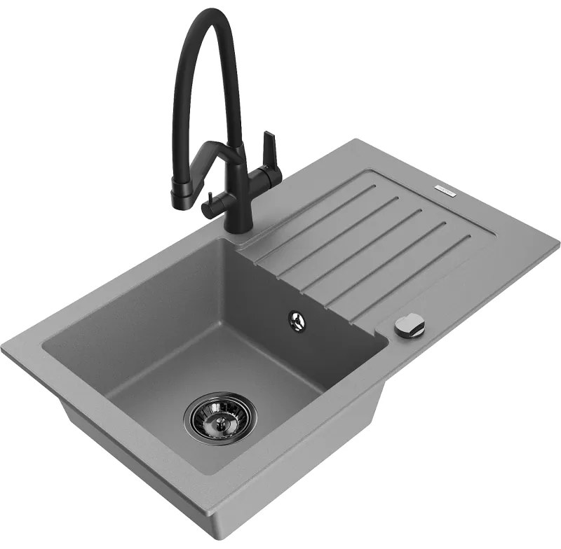 Mexen Pablo szürke 1-medencés gránit mosogató csepegtetővel és Duo konyhai csappal - 6510-71-671701-70-B