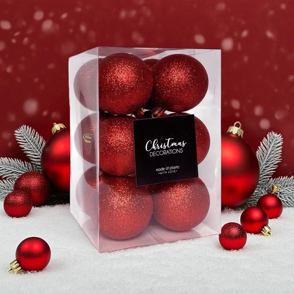 Piros glitteres műanyag karácsonyi gömb szett 12x6cm