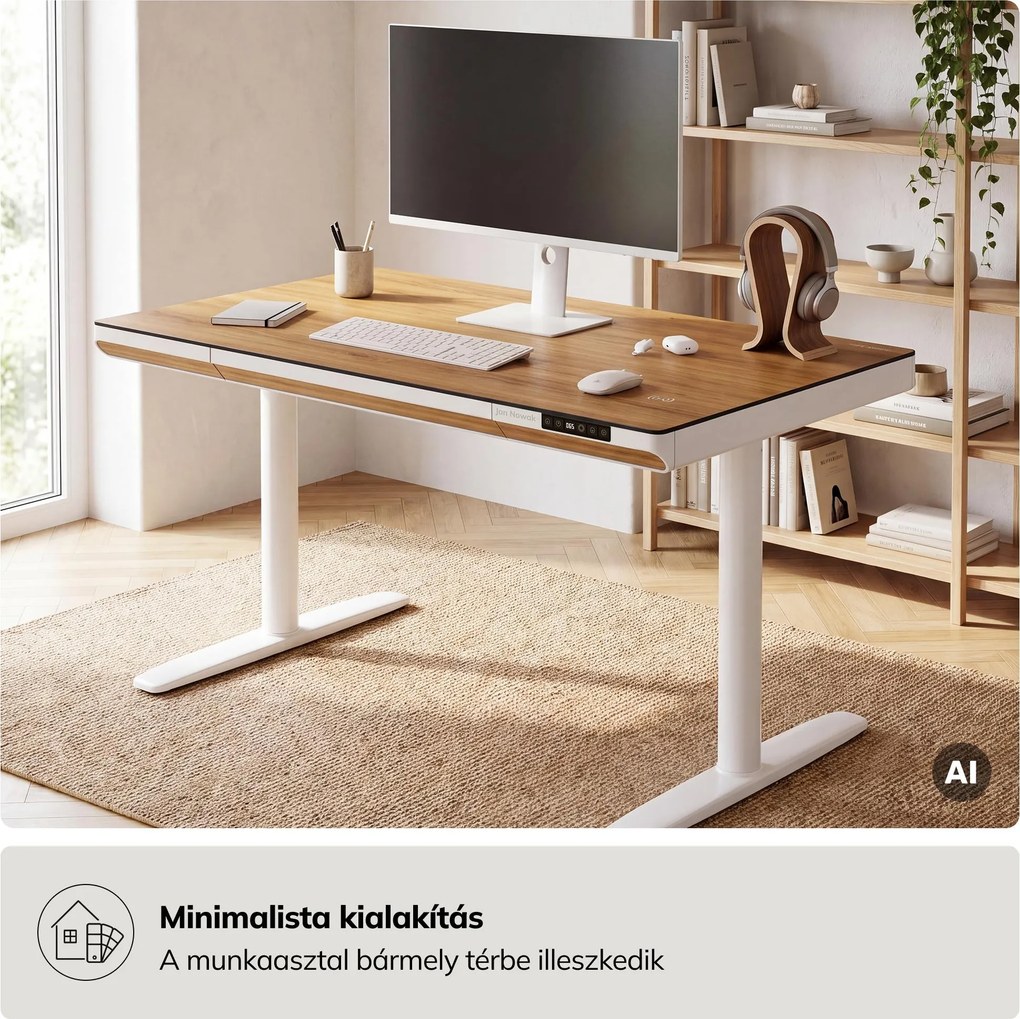 Elektromos ülő-álló íróasztal fiókkal és Qi vezeték nélküli töltővel fehér/aranytölgy, 1200 mm: ELLIS