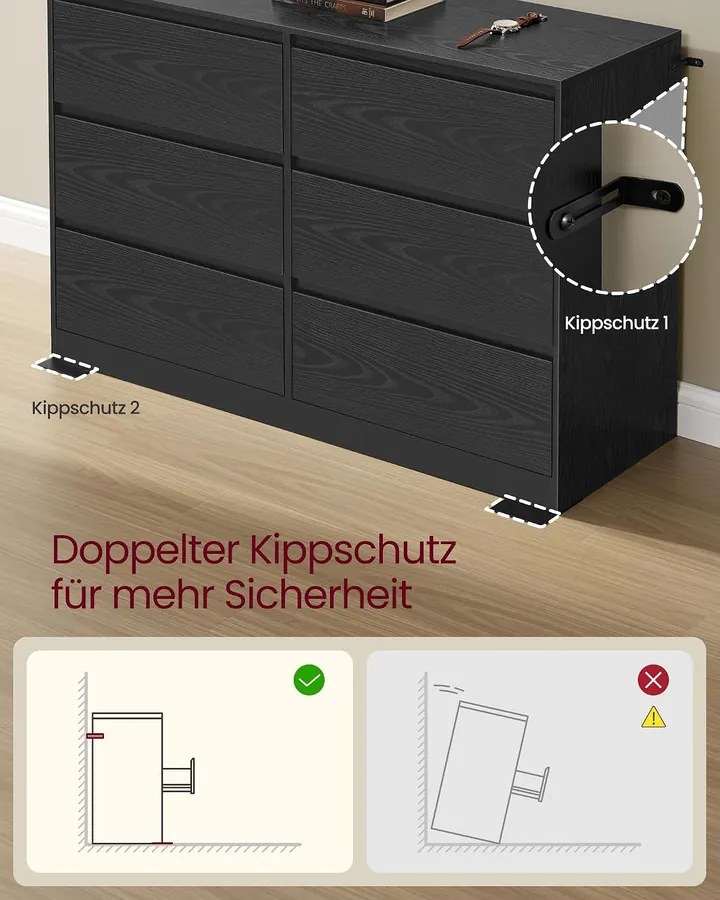 6 fiókos komód, 119,4 x 40 x 75 cm, modern tárolószekrény hálószobába és nappaliba, ébenfekete