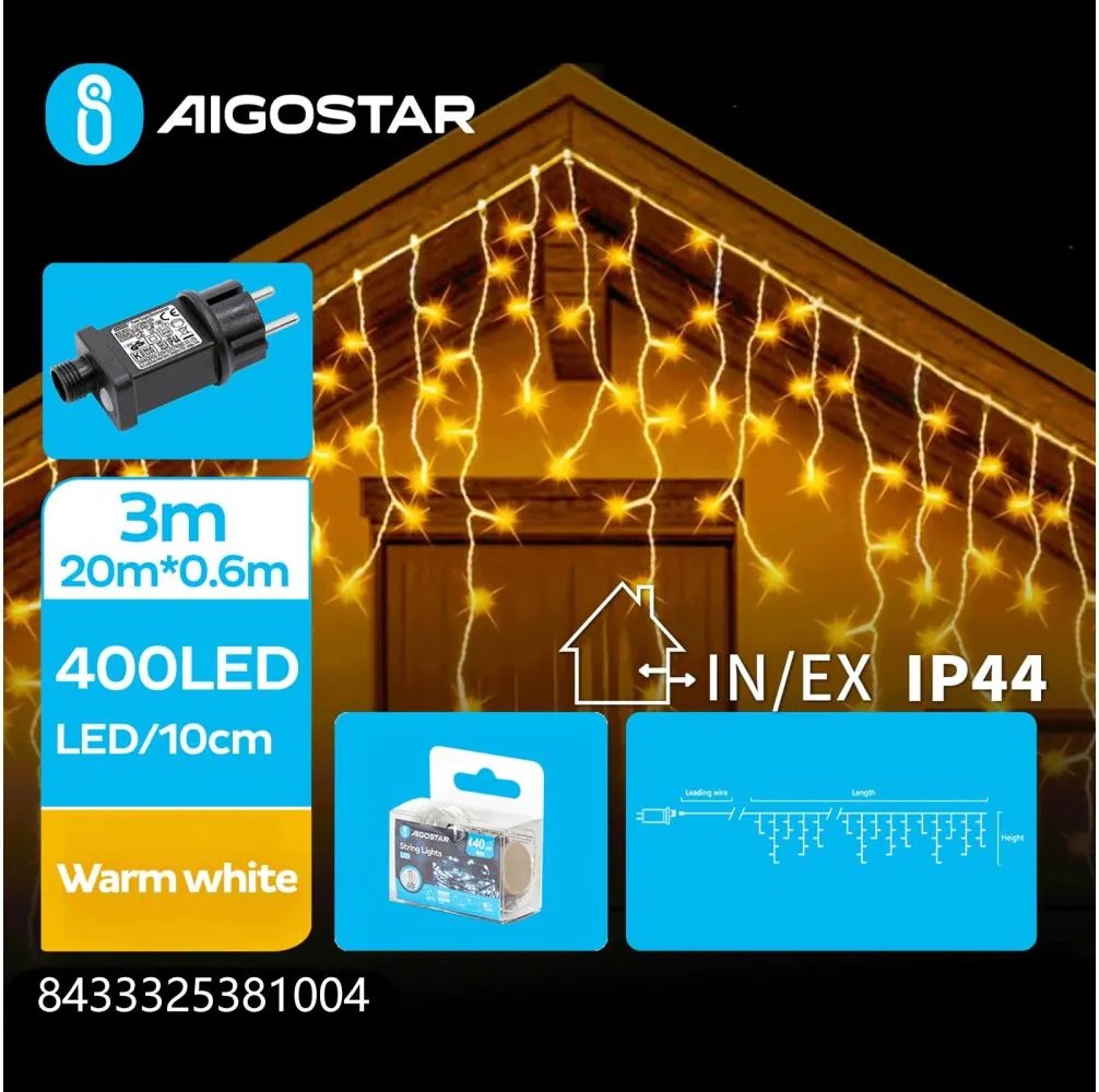 Aigostar - LED Kültéri karácsonyi fényfüzér 400xLED/8 funkció 23x0,6m IP44 meleg fehér