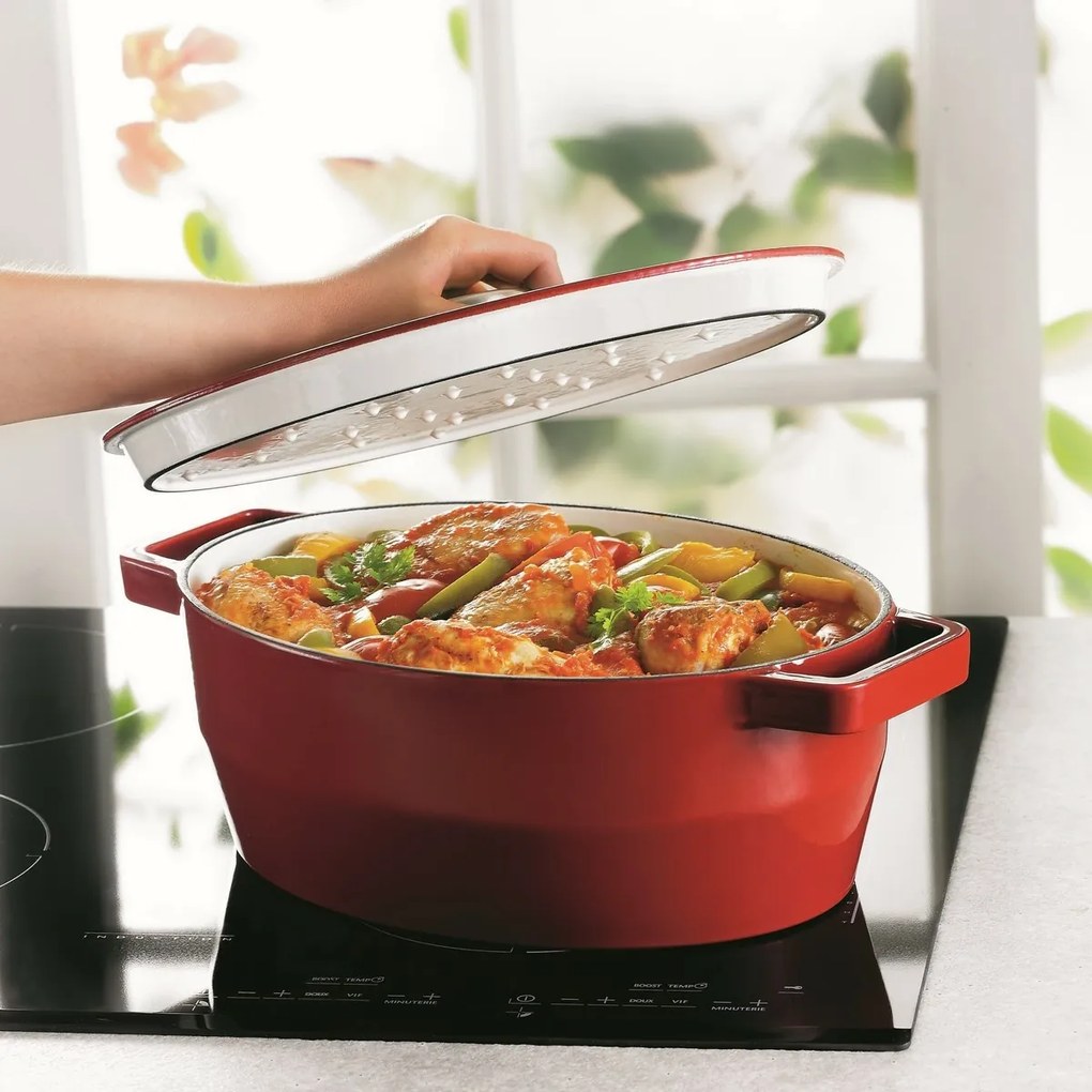 Pyrex öntöttvas lábas, fedővel, 6 l, 33 x 25 cm, piros, 6 l