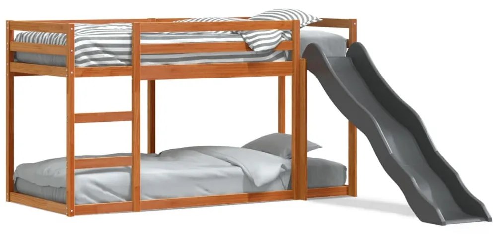 barna tömör fenyő emeletes ágy csúszdával és létrával 90x200 cm