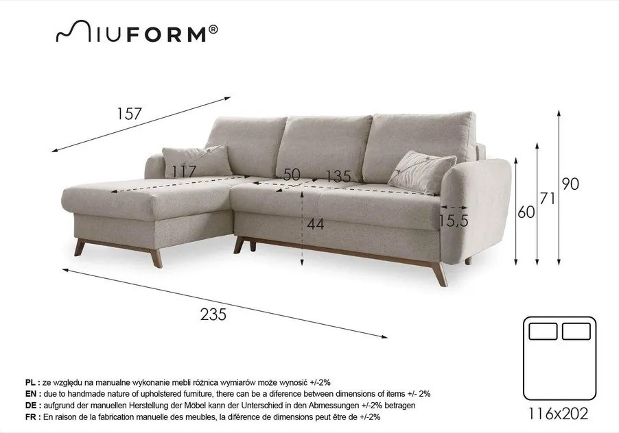 Scandic Lagom világosszürke kinyitható sarokkanapé, bal oldali - Miuform